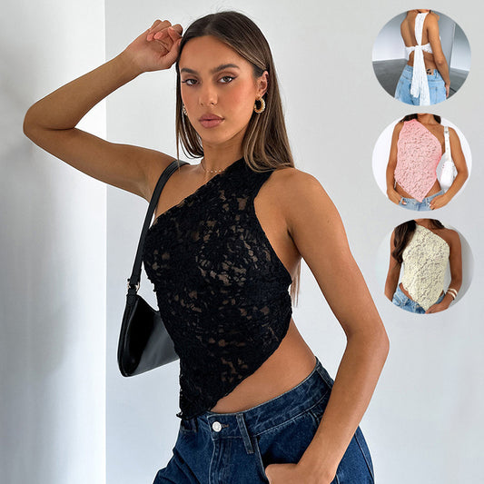 Sun kissed Serenity: Lace-Detail Backless Top